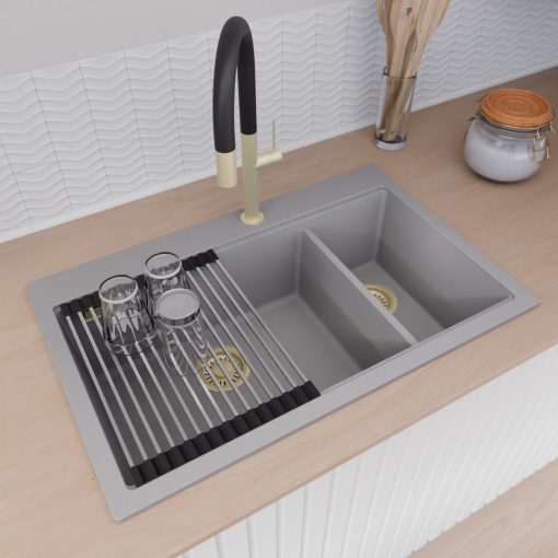 HD Aspen Grey 78 kétmedencés gránit mosogatótálca szett, vágódeszkával, acél csepegtetőráccsal és matt fekete kosárral, alpesi szürke színben, szálcsiszolt arany leeresztő szifonnal