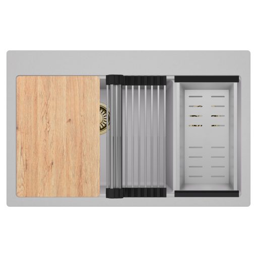 HD Aspen Grey 78 kétmedencés gránit mosogatótálca szett, vágódeszkával, acél csepegtetőráccsal és kosárral, alpesi szürke színben, szálcsiszolt arany leeresztő szifonnal