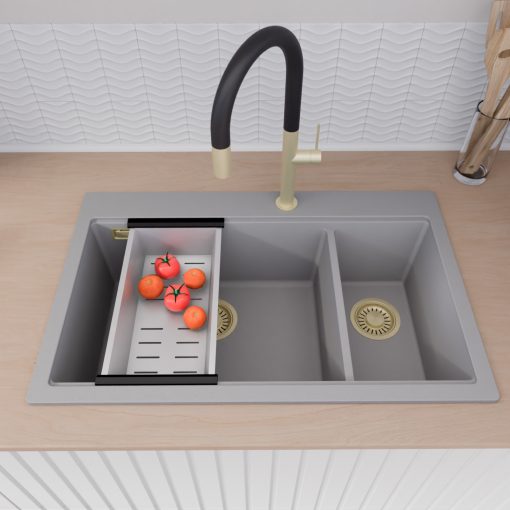 HD Aspen Grey 78 kétmedencés gránit mosogatótálca szett, vágódeszkával, acél csepegtetőráccsal és kosárral, alpesi szürke színben, szálcsiszolt arany leeresztő szifonnal