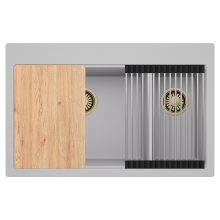 HD Aspen Grey 78 kétmedencés gránit mosogatótálca szett, vágódeszkával, acél csepegtetőráccsal, alpesi szürke színben, szálcsiszolt arany leeresztő szifonnal