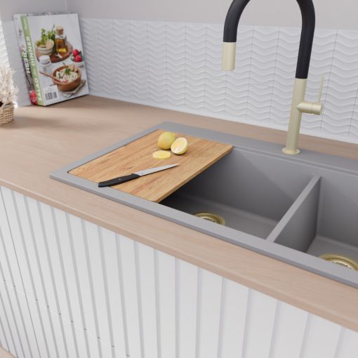 HD Aspen Grey 78 kétmedencés gránit mosogatótálca szett, vágódeszkával, acél csepegtetőráccsal, alpesi szürke színben, szálcsiszolt arany leeresztő szifonnal