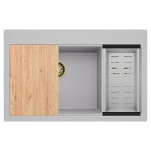 HD Aspen Grey 78 kétmedencés gránit mosogatótálca szett, vágódeszkával, acél csepegtetőkosárral, alpesi szürke színben, szálcsiszolt arany leeresztő szifonnal