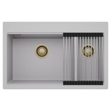 HD Aspen Grey 78 kétmedencés gránit mosogatótálca szett, acél csepegtetőráccsal, alpesi szürke színben, szálcsiszolt arany leeresztő szifonnal