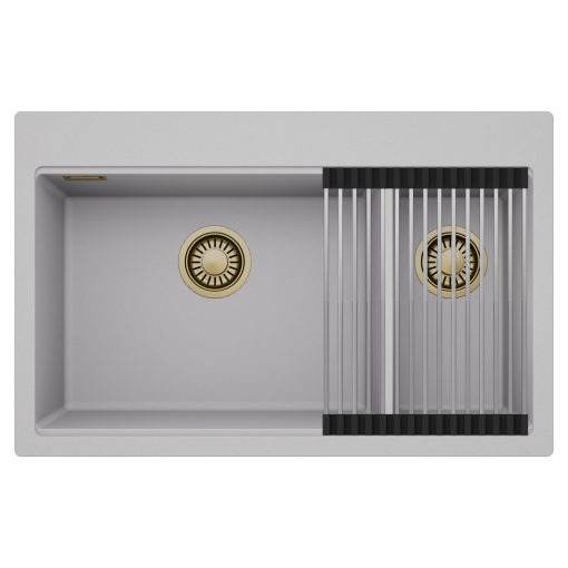HD Aspen Grey 78 kétmedencés gránit mosogatótálca szett, acél csepegtetőráccsal, alpesi szürke színben, szálcsiszolt arany leeresztő szifonnal