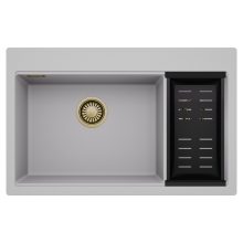 HD Aspen Grey 78 kétmedencés gránit mosogatótálca szett, matt fekete csepegtetőkosárral, alpesi szürke színben, szálcsiszolt arany leeresztő szifonnal