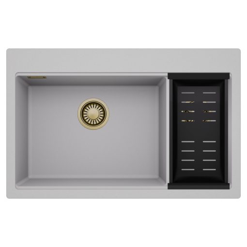 HD Aspen Grey 78 kétmedencés gránit mosogatótálca szett, matt fekete csepegtetőkosárral, alpesi szürke színben, szálcsiszolt arany leeresztő szifonnal