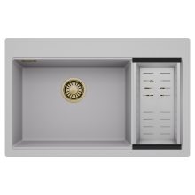 HD Aspen Grey 78 kétmedencés gránit mosogatótálca szett, acél csepegtetőkosárral, alpesi szürke színben, szálcsiszolt arany leeresztő szifonnal