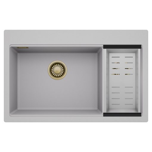 HD Aspen Grey 78 kétmedencés gránit mosogatótálca szett, acél csepegtetőkosárral, alpesi szürke színben, szálcsiszolt arany leeresztő szifonnal