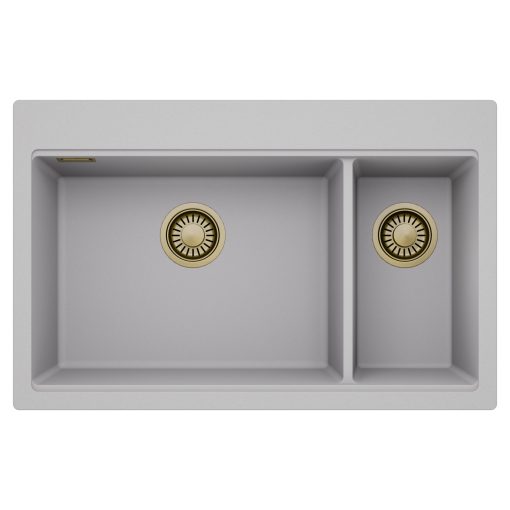 HD Aspen Grey 78 kétmedencés gránit mosogatótálca, alpesi szürke színben, szálcsiszolt arany leeresztő szifonnal