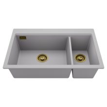 HD Aspen Grey 78 kétmedencés gránit mosogatótálca, alpesi szürke színben, szálcsiszolt arany leeresztő szifonnal