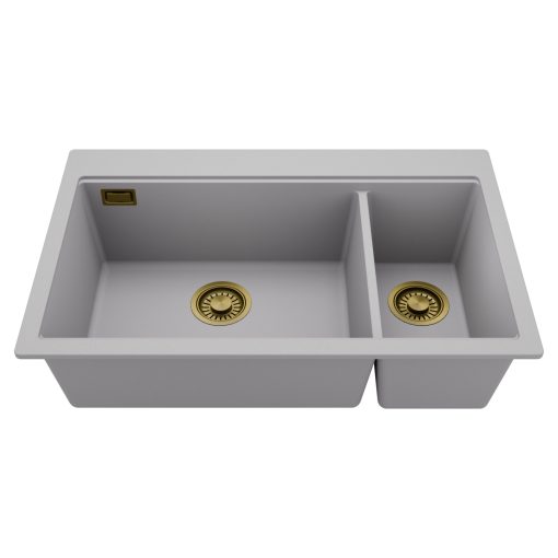 HD Aspen Grey 78 kétmedencés gránit mosogatótálca, alpesi szürke színben, szálcsiszolt arany leeresztő szifonnal