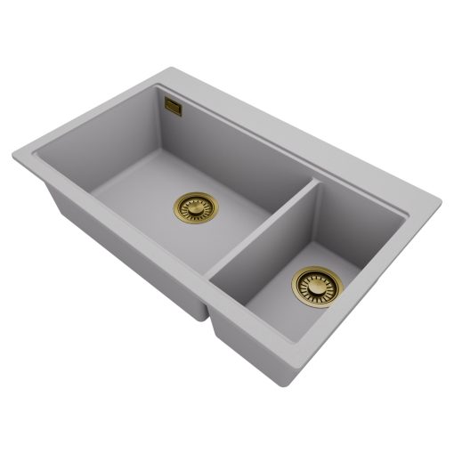 HD Aspen Grey 78 kétmedencés gránit mosogatótálca, alpesi szürke színben, szálcsiszolt arany leeresztő szifonnal