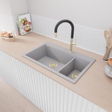 HD Aspen Grey 78 kétmedencés gránit mosogatótálca, alpesi szürke színben, szálcsiszolt arany leeresztő szifonnal