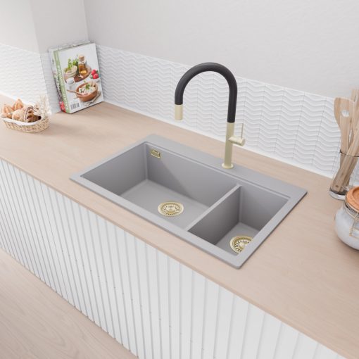 HD Aspen Grey 78 kétmedencés gránit mosogatótálca, alpesi szürke színben, szálcsiszolt arany leeresztő szifonnal