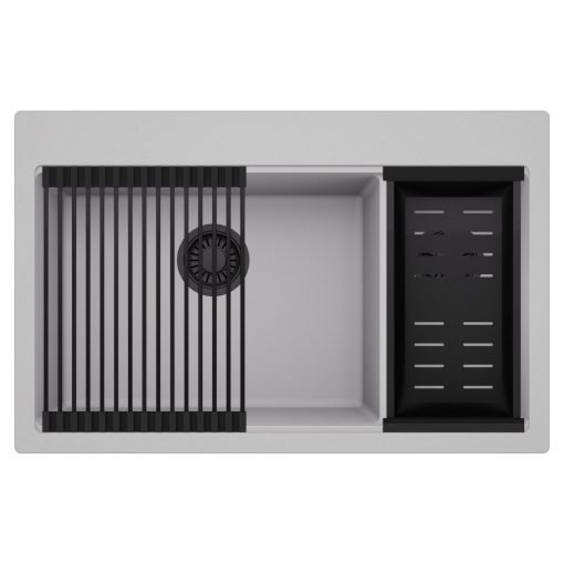 HD Aspen Grey 78 kétmedencés gránit mosogatótálca szett, matt fekete csepegtetőráccsal és kosárral, alpesi szürke színben, matt fekete leeresztő szifonnal