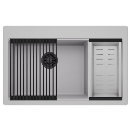 HD Aspen Grey 78 kétmedencés gránit mosogatótálca szett, matt fekete csepegtetőráccsal és krómozott kosárral, alpesi szürke színben, matt fekete leeresztő szifonnal