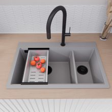 HD Aspen Grey 78 kétmedencés gránit mosogatótálca szett, matt fekete csepegtetőráccsal és krómozott kosárral, alpesi szürke színben, matt fekete leeresztő szifonnal