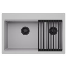 HD Aspen Grey 78 kétmedencés gránit mosogatótálca szett, matt fekete csepegtetőráccsal, alpesi szürke színben, matt fekete leeresztő szifonnal