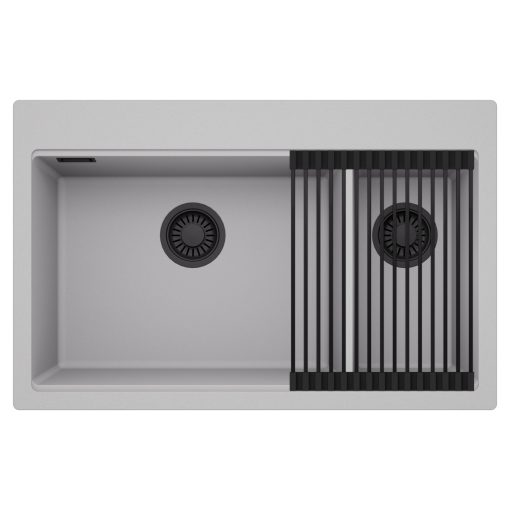 HD Aspen Grey 78 kétmedencés gránit mosogatótálca szett, matt fekete csepegtetőráccsal, alpesi szürke színben, matt fekete leeresztő szifonnal