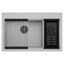HD Aspen Grey 78 kétmedencés gránit mosogatótálca szett, acél csepegtetőráccsal és matt fekete kosárral, alpesi szürke színben, matt fekete leeresztő szifonnal