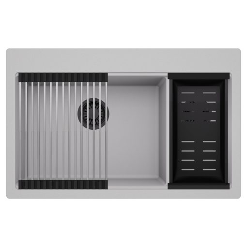 HD Aspen Grey 78 kétmedencés gránit mosogatótálca szett, acél csepegtetőráccsal és matt fekete kosárral, alpesi szürke színben, matt fekete leeresztő szifonnal
