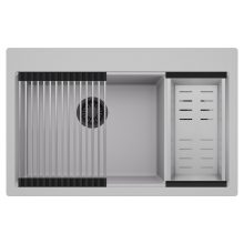 HD Aspen Grey 78 kétmedencés gránit mosogatótálca szett, acél csepegtetőráccsal és kosárral, alpesi szürke színben, matt fekete leeresztő szifonnal