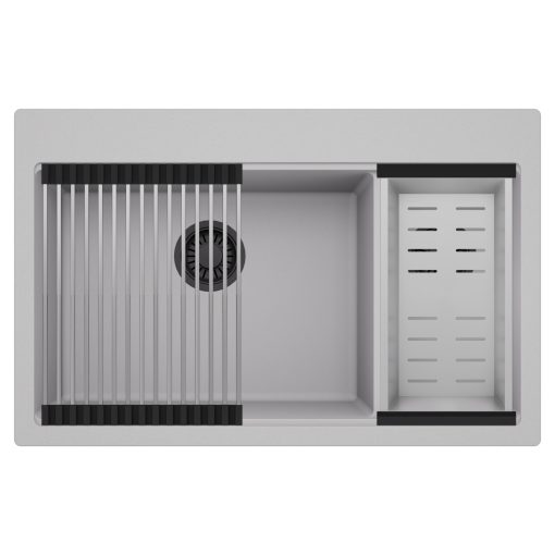 HD Aspen Grey 78 kétmedencés gránit mosogatótálca szett, acél csepegtetőráccsal és kosárral, alpesi szürke színben, matt fekete leeresztő szifonnal