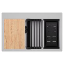 HD Aspen Grey 78 kétmedencés gránit mosogatótálca szett, vágódeszkával, matt fekete csepegtetőráccsal és kosárral, alpesi szürke színben, matt fekete leeresztő szifonnal