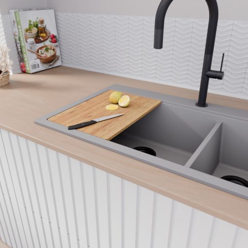 HD Aspen Grey 78 kétmedencés gránit mosogatótálca szett, vágódeszkával, matt fekete csepegtetőráccsal és kosárral, alpesi szürke színben, matt fekete leeresztő szifonnal