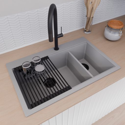 HD Aspen Grey 78 kétmedencés gránit mosogatótálca szett, vágódeszkával, matt fekete csepegtetőráccsal és kosárral, alpesi szürke színben, matt fekete leeresztő szifonnal