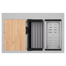 HD Aspen Grey 78 kétmedencés gránit mosogatótálca szett, vágódeszkával, matt fekete csepegtetőráccsal és krómozott kosárral, alpesi szürke színben, matt fekete leeresztő szifonnal