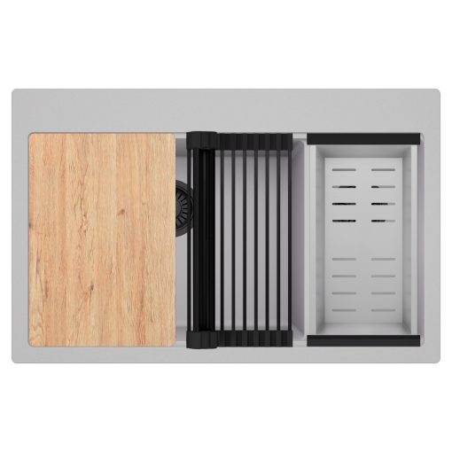 HD Aspen Grey 78 kétmedencés gránit mosogatótálca szett, vágódeszkával, matt fekete csepegtetőráccsal és krómozott kosárral, alpesi szürke színben, matt fekete leeresztő szifonnal