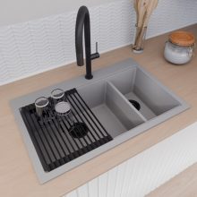 HD Aspen Grey 78 kétmedencés gránit mosogatótálca szett, vágódeszkával, matt fekete csepegtetőráccsal, alpesi szürke színben, matt fekete leeresztő szifonnal