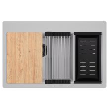 HD Aspen Grey 78 kétmedencés gránit mosogatótálca szett, vágódeszkával, acél csepegtetőráccsal és matt fekete kosárral, alpesi szürke színben, matt fekete leeresztő szifonnal