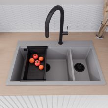 HD Aspen Grey 78 kétmedencés gránit mosogatótálca szett, vágódeszkával, acél csepegtetőráccsal és matt fekete kosárral, alpesi szürke színben, matt fekete leeresztő szifonnal