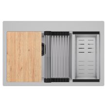 HD Aspen Grey 78 kétmedencés gránit mosogatótálca szett, vágódeszkával, acél csepegtetőráccsal és kosárral, alpesi szürke színben, matt fekete leeresztő szifonnal