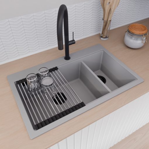 HD Aspen Grey 78 kétmedencés gránit mosogatótálca szett, vágódeszkával, acél csepegtetőráccsal és kosárral, alpesi szürke színben, matt fekete leeresztő szifonnal