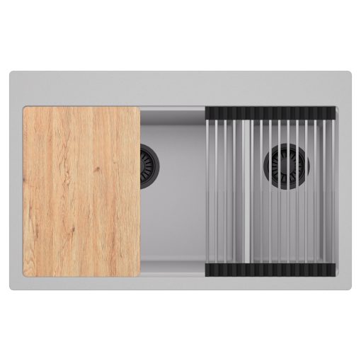 HD Aspen Grey 78 kétmedencés gránit mosogatótálca szett, vágódeszkával, acél csepegtetőráccsal, alpesi szürke színben, matt fekete leeresztő szifonnal