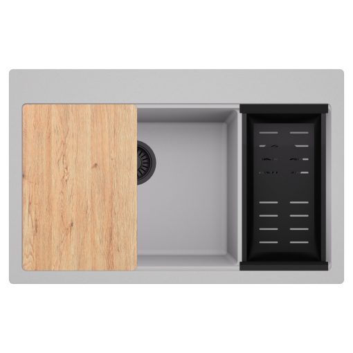 HD Aspen Grey 78 kétmedencés gránit mosogatótálca szett, vágódeszkával, matt fekete csepegtetőkosárral, alpesi szürke színben, matt fekete leeresztő szifonnal