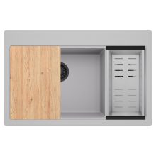 HD Aspen Grey 78 kétmedencés gránit mosogatótálca szett, vágódeszkával, acél csepegtetőkosárral, alpesi szürke színben, matt fekete leeresztő szifonnal