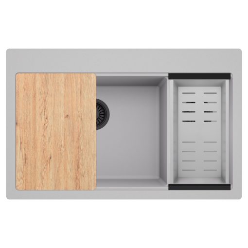 HD Aspen Grey 78 kétmedencés gránit mosogatótálca szett, vágódeszkával, acél csepegtetőkosárral, alpesi szürke színben, matt fekete leeresztő szifonnal