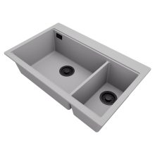 HD Aspen Grey 78 kétmedencés gránit mosogatótálca, vágódeszkával, alpesi szürke színben, matt fekete leeresztő szifonnal