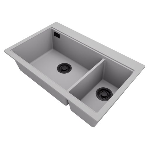 HD Aspen Grey 78 kétmedencés gránit mosogatótálca, vágódeszkával, alpesi szürke színben, matt fekete leeresztő szifonnal