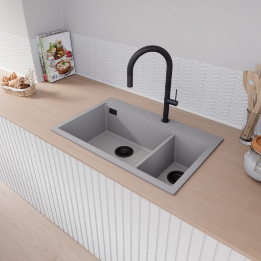 HD Aspen Grey 78 kétmedencés gránit mosogatótálca, vágódeszkával, alpesi szürke színben, matt fekete leeresztő szifonnal