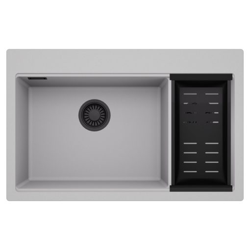 HD Aspen Grey 78 kétmedencés gránit mosogatótálca szett, matt fekete csepegtetőkosárral, alpesi szürke színben, matt fekete leeresztő szifonnal