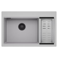 HD Aspen Grey 78 kétmedencés gránit mosogatótálca szett, acél csepegtetőkosárral, alpesi szürke színben, matt fekete leeresztő szifonnal