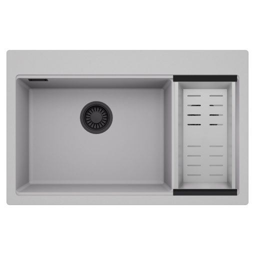 HD Aspen Grey 78 kétmedencés gránit mosogatótálca szett, acél csepegtetőkosárral, alpesi szürke színben, matt fekete leeresztő szifonnal