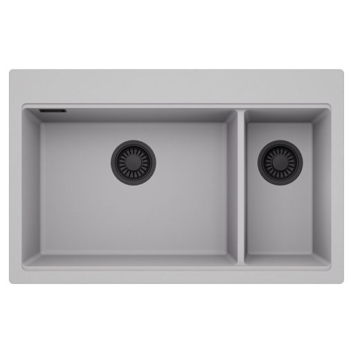 HD Aspen Grey 78 kétmedencés gránit mosogatótálca, alpesi szürke színben, matt fekete leeresztő szifonnal