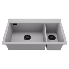 HD Aspen Grey 78 kétmedencés gránit mosogatótálca, alpesi szürke színben, matt fekete leeresztő szifonnal