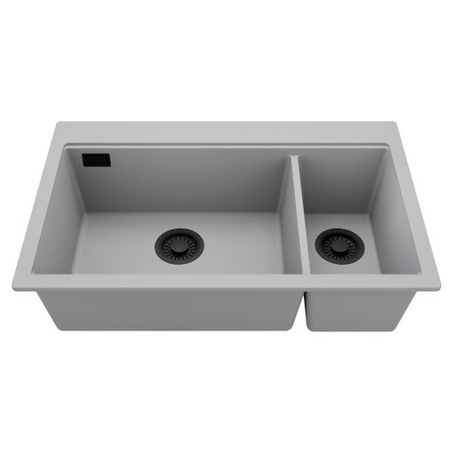 HD Aspen Grey 78 kétmedencés gránit mosogatótálca, alpesi szürke színben, matt fekete leeresztő szifonnal